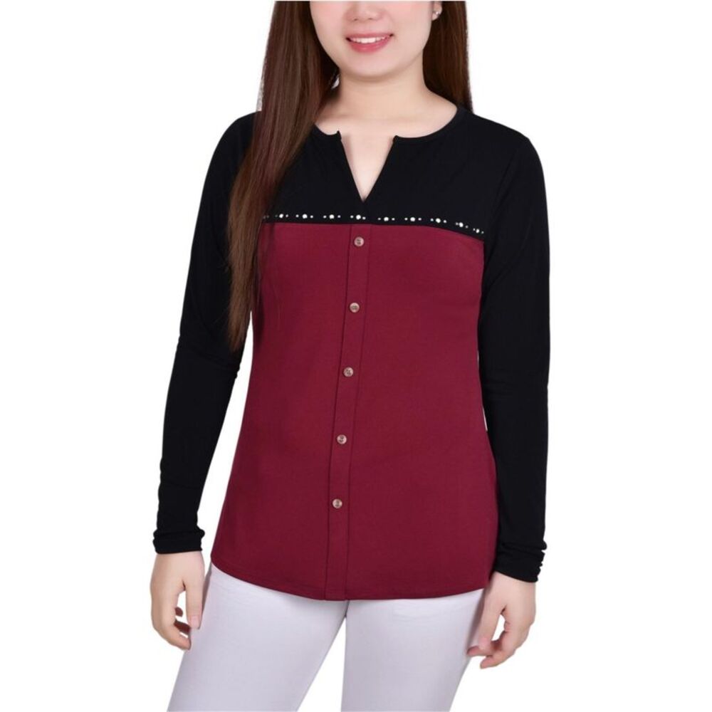NY Collection Womens Petite Studded Colorblocked Split Neck Button Up Shirt,...